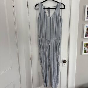 Cloth & Stone Linen Blend V-Neck Striped Jumpsuit - Blue and White Sz S